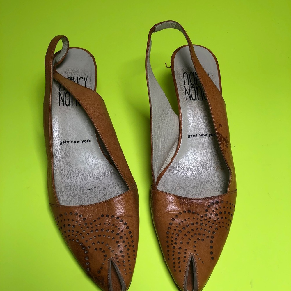 Nancy Nancy Geist Slingback Heels Women 37.5 Tan Leather Perforated Italy Kitten